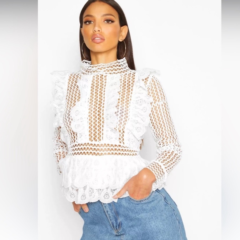 White Lace Ruffle Blouse
